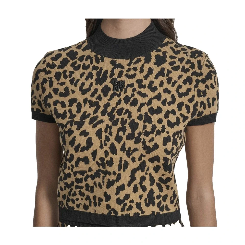 DKNY Jeans Leopard Print Knit Sweater Womens XL Tan Black‎ Pullover